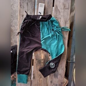 LOUD APPAREL SZ 4Y NWT TEAL / BLACK w/ FRINGE mix- match leg baggy joggers Pants
